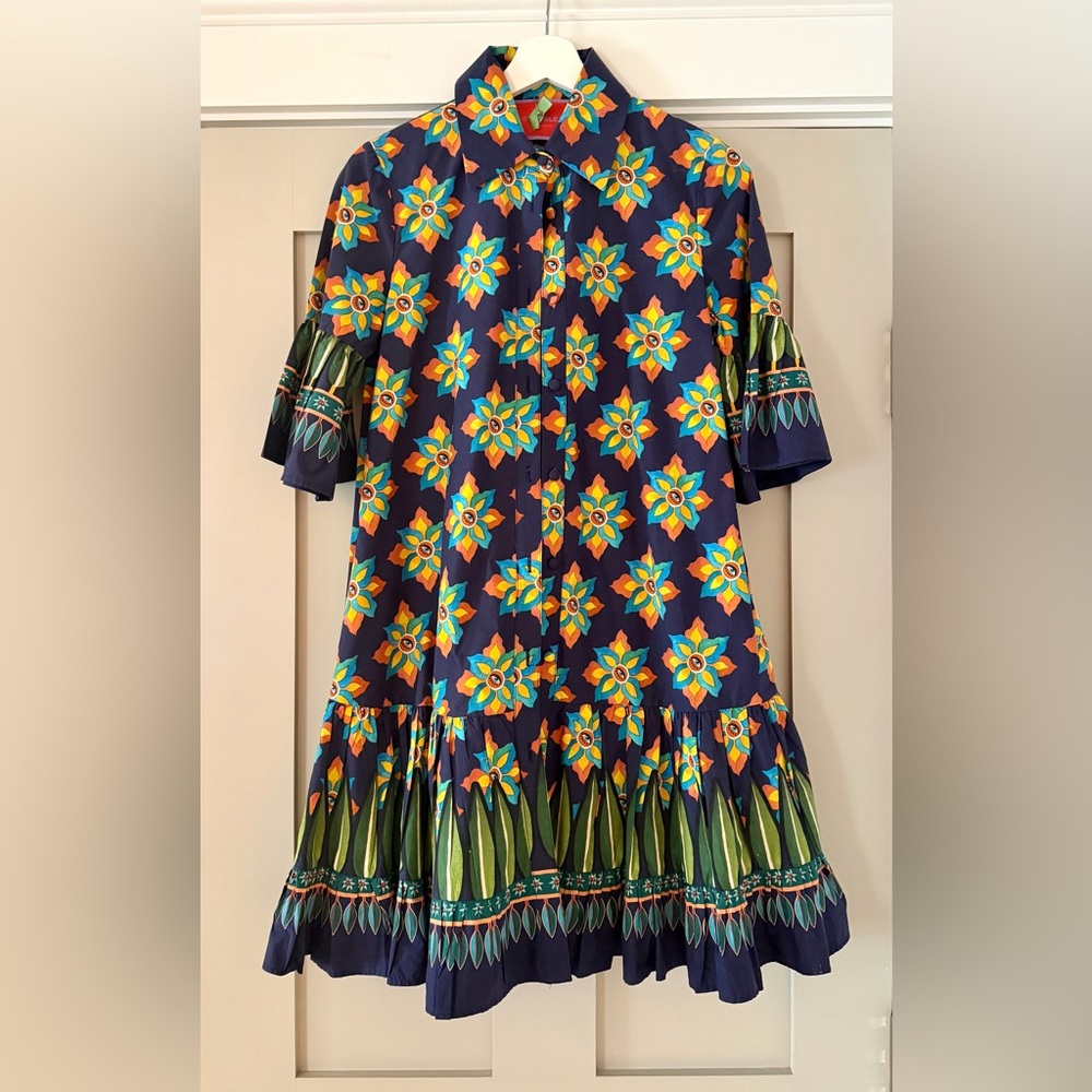 LA DOUBLEJ CHOUX RUFFLED MINI SHIRTDRESS NAVY EYE PRINT COTTON SIZE EXTRA SMALL
